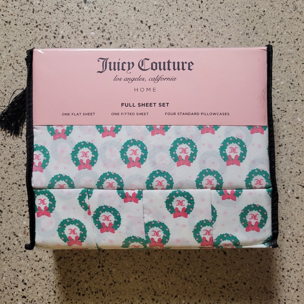 Juicy Couture FULL Sheet Set White JC Monogram Wreath Print Holiday Winter Y2K